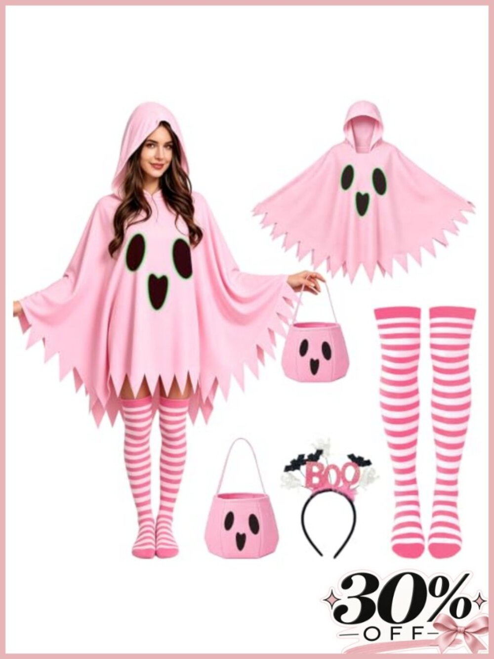 Glow in the Dark Ghost Costume Set for Women, Hooded Poncho with Headband,
